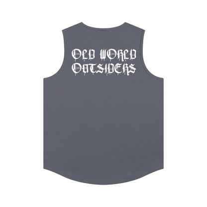 Gray sleeveless shirt with 'Old World Outsiders' text on a white background