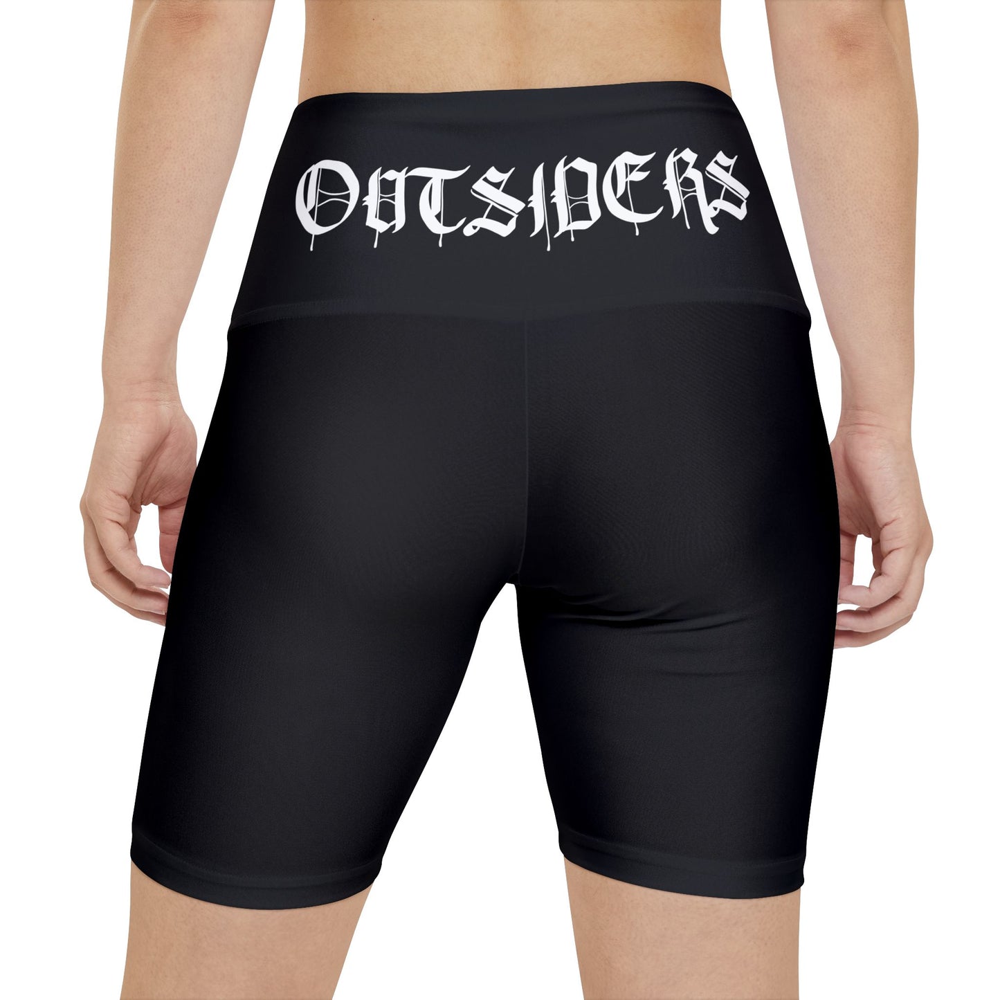 Black shorts with 'OUTSIDERS' text on a white background