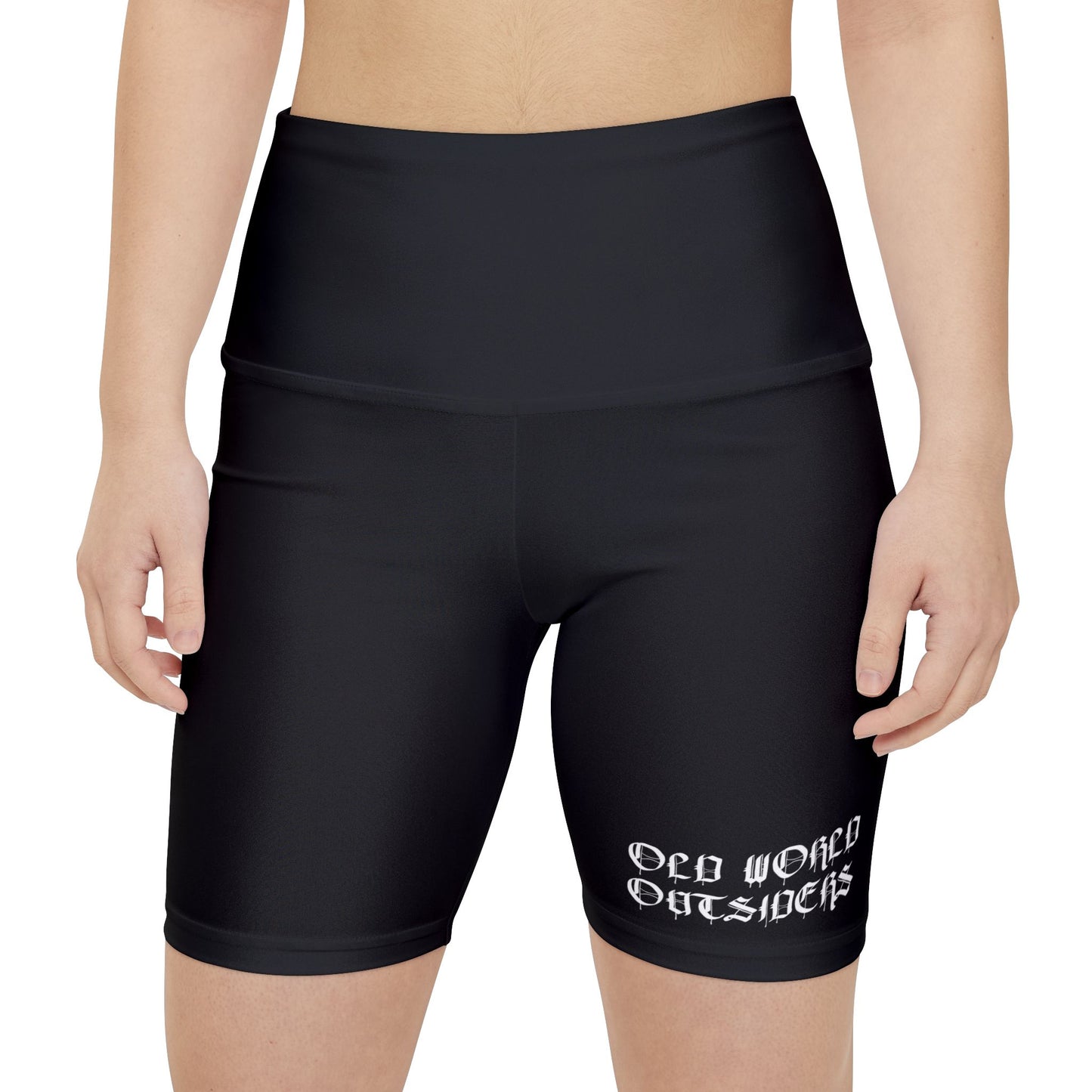 Black shorts with 'Old World Outsiders' text on a white background