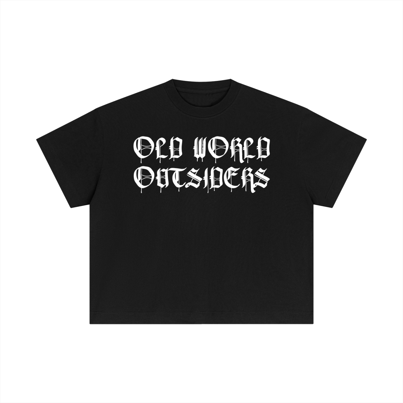 Black t-shirt with 'Old World Outsiders' text on a white background