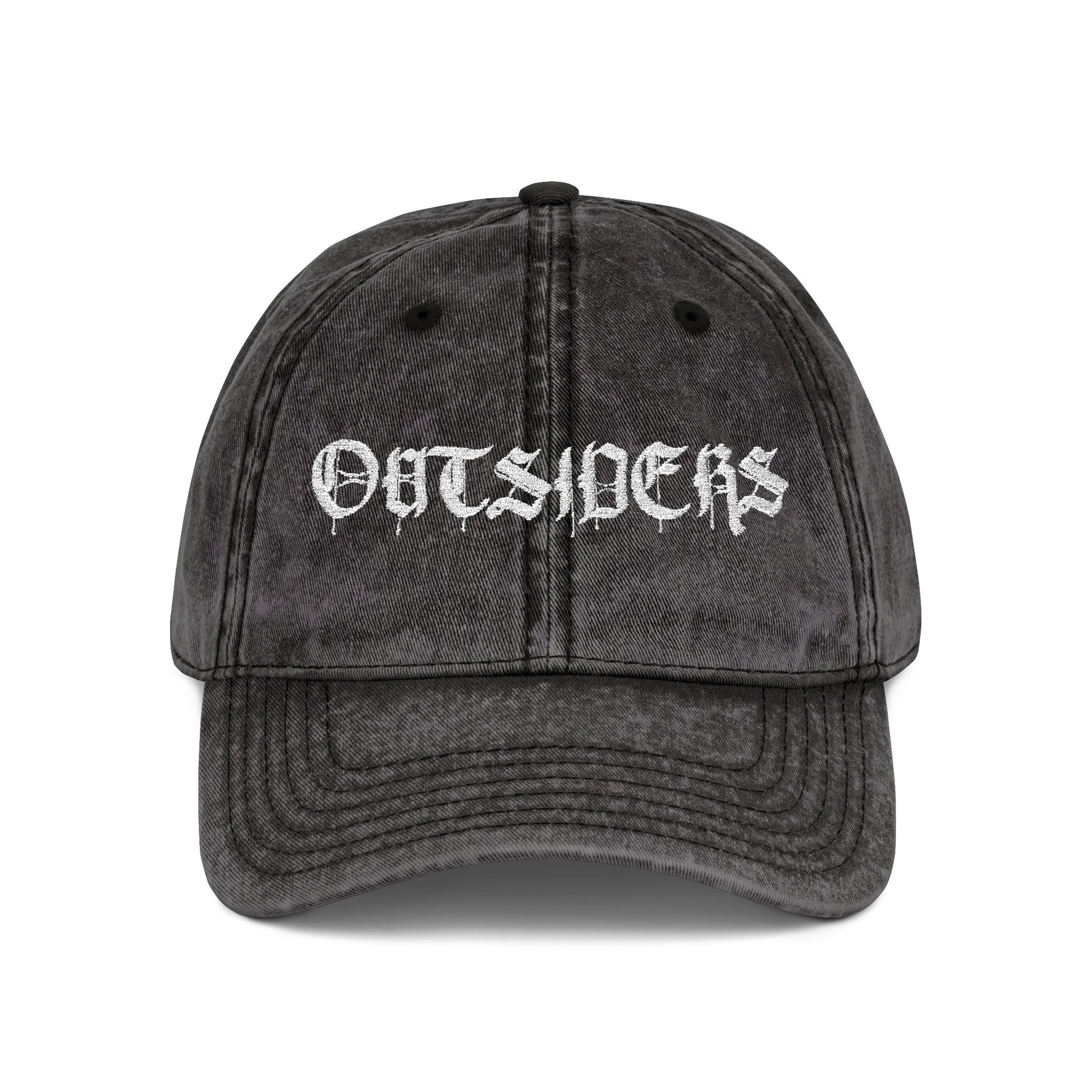 Black distressed cap with 'OUTSIDERS' embroidery on a white background
