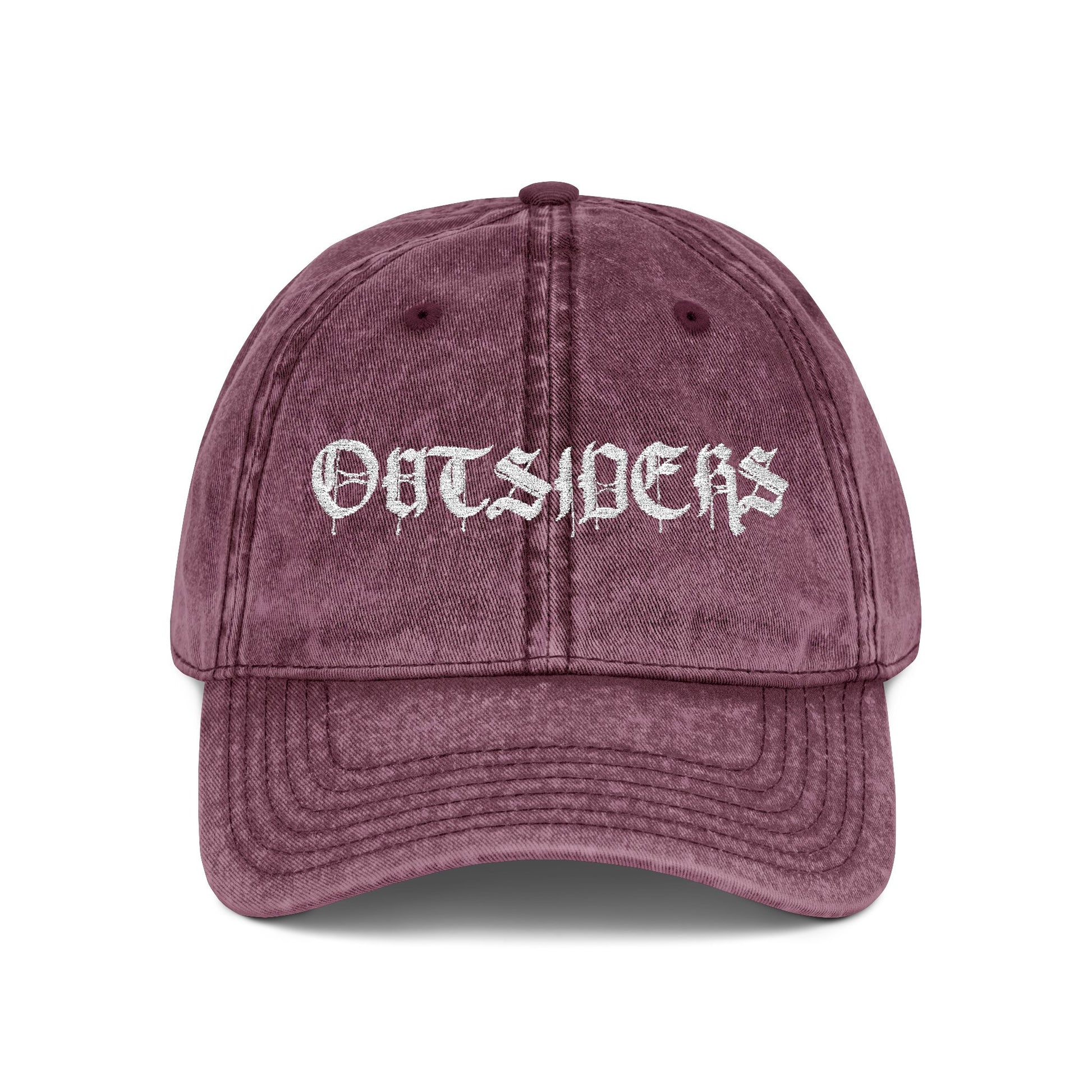 Maroon cap with 'OUTSIDERS' text on a white background