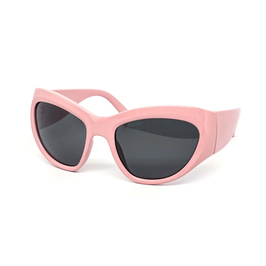 Pink sunglasses with black lenses on a white background