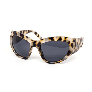 Sunglasses with tortoiseshell frame and dark lenses on a white background