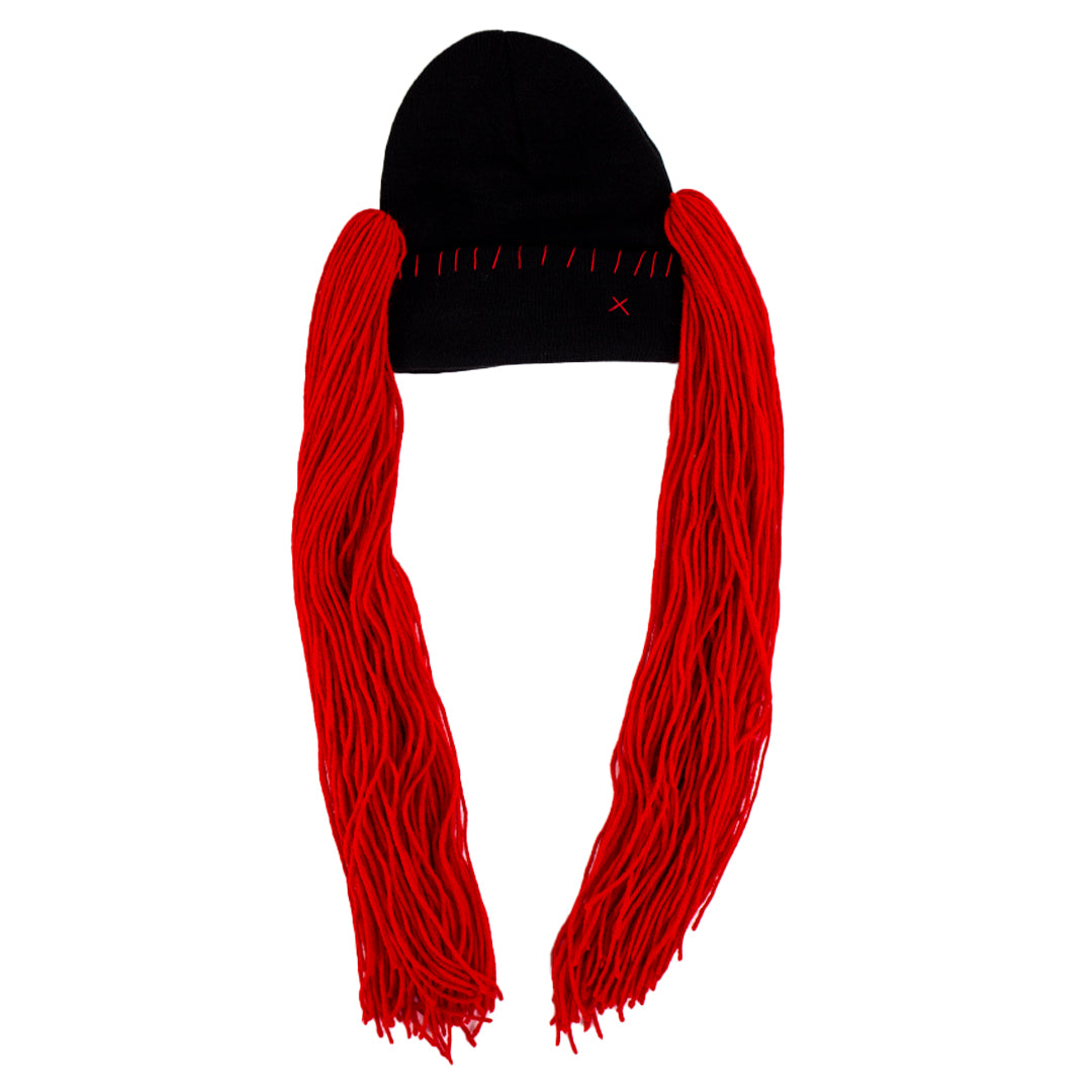 Black beanie with red pigtails on a white background