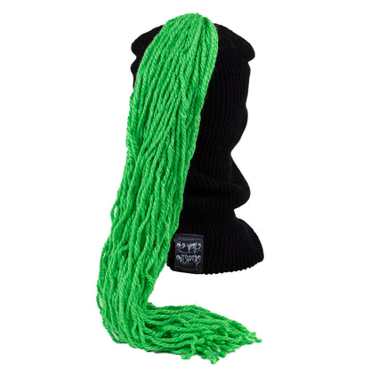 Black beanie ski mask with green braided hair accessory on a mannequin head against a white background