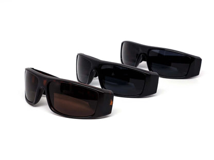 Three pairs of sunglasses with dark lenses on a white background