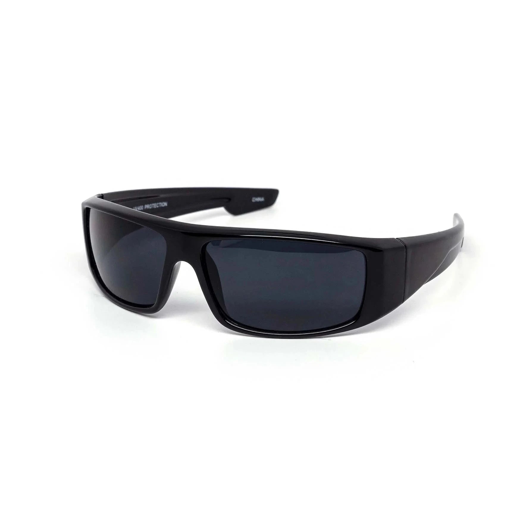 Black sunglasses with dark lenses on a white background