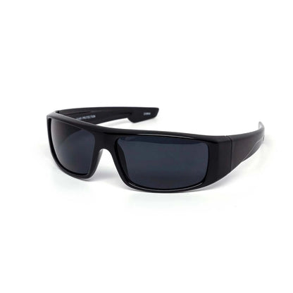 Black sunglasses with dark lenses on a white background