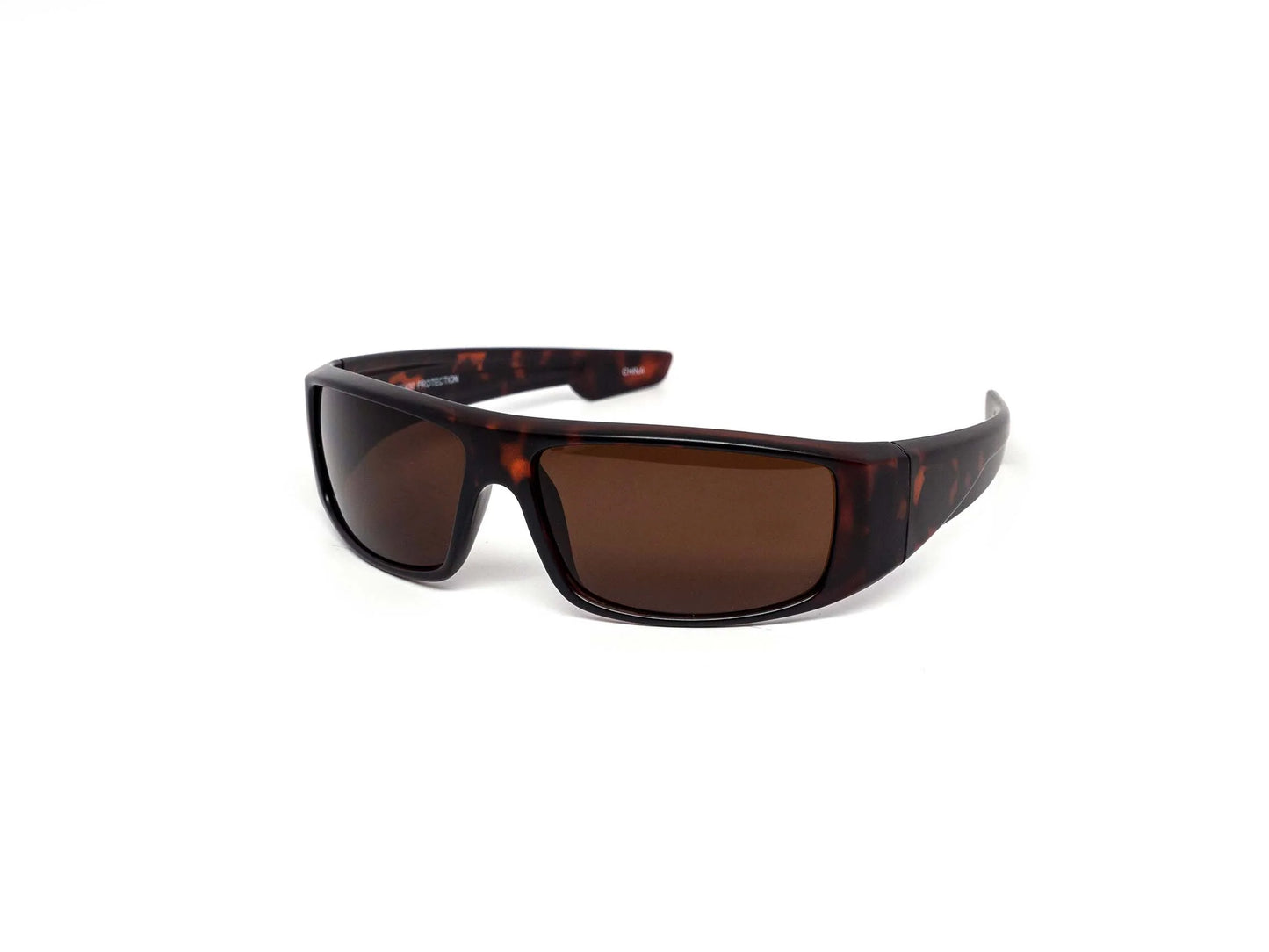 Sunglasses with tortoiseshell frame and brown lenses on a white background