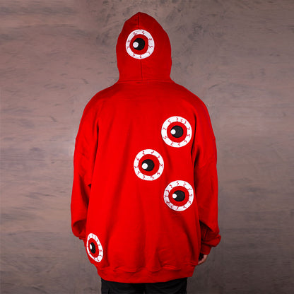 Red hoodie with multiple hand embroidered eye patches 