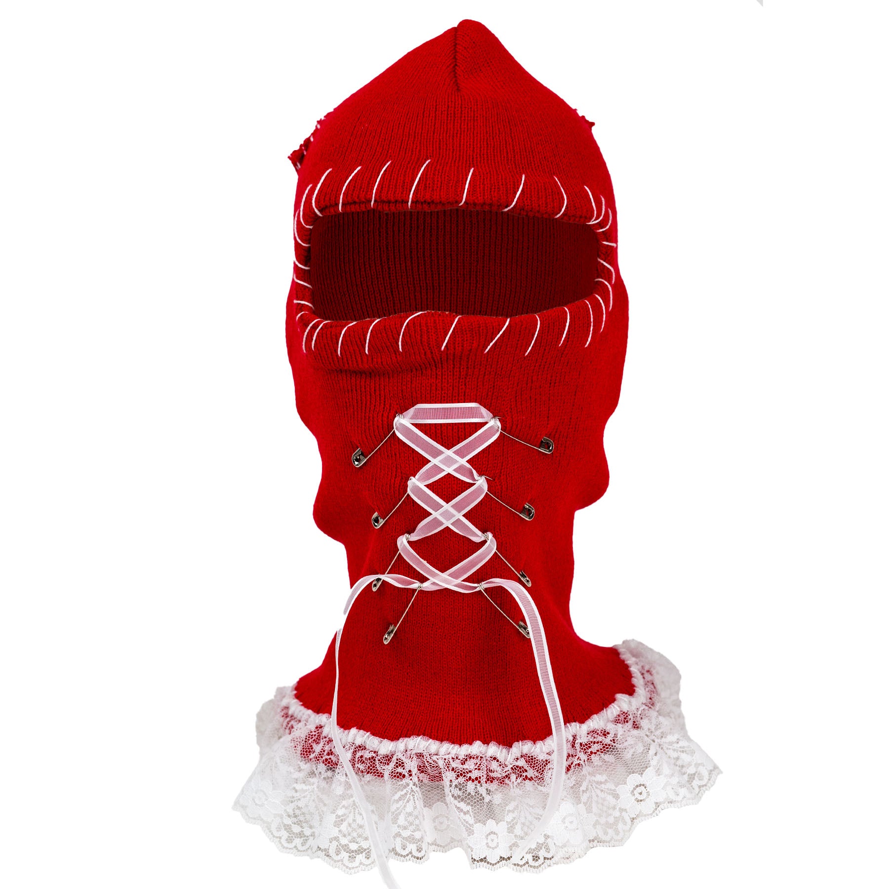 Red ski mask balaclava with white lace