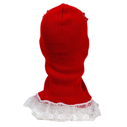 Red knitted balaclava with white lace trim on a white background