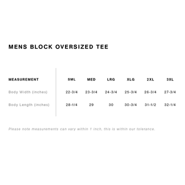 San Diego Oversized Tee Size Chart