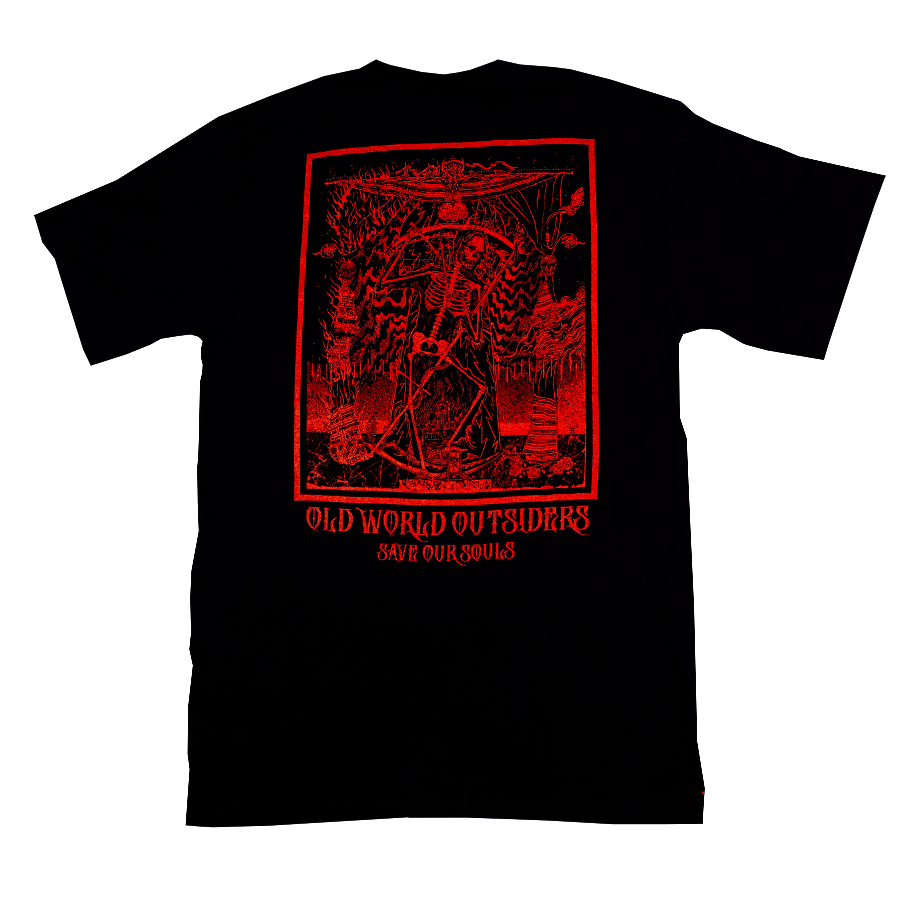 Black t-shirt with red graphic design and text on a white background