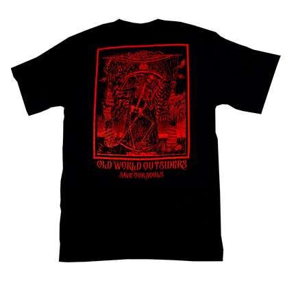 Black t-shirt with red graphic design and text on a white background