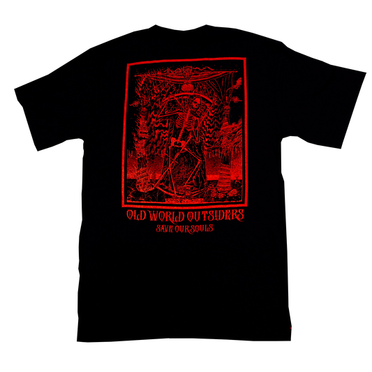 Black t-shirt with red graphic design and text on a white background