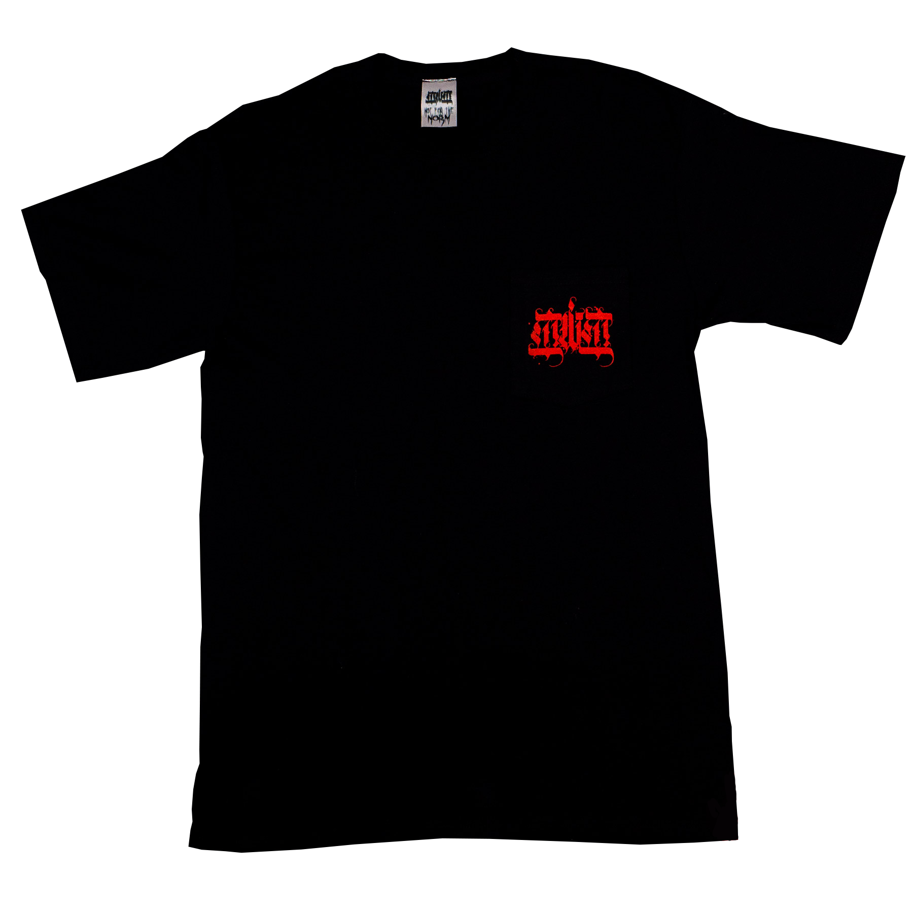 Black t-shirt with red logo on a white background