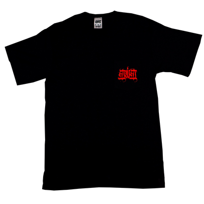 Black t-shirt with red logo on a white background