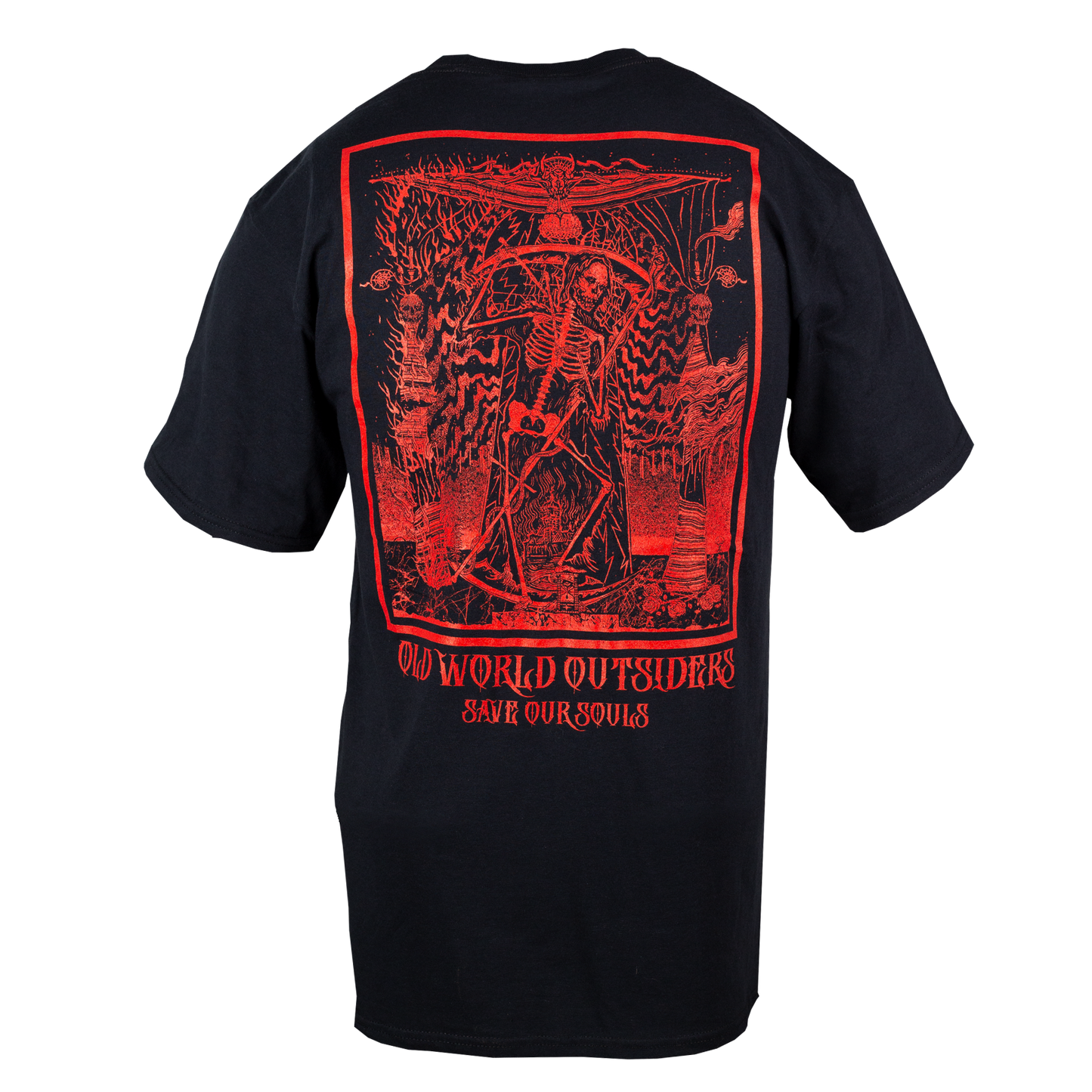 Black t-shirt with red graphic design on the back on a white background