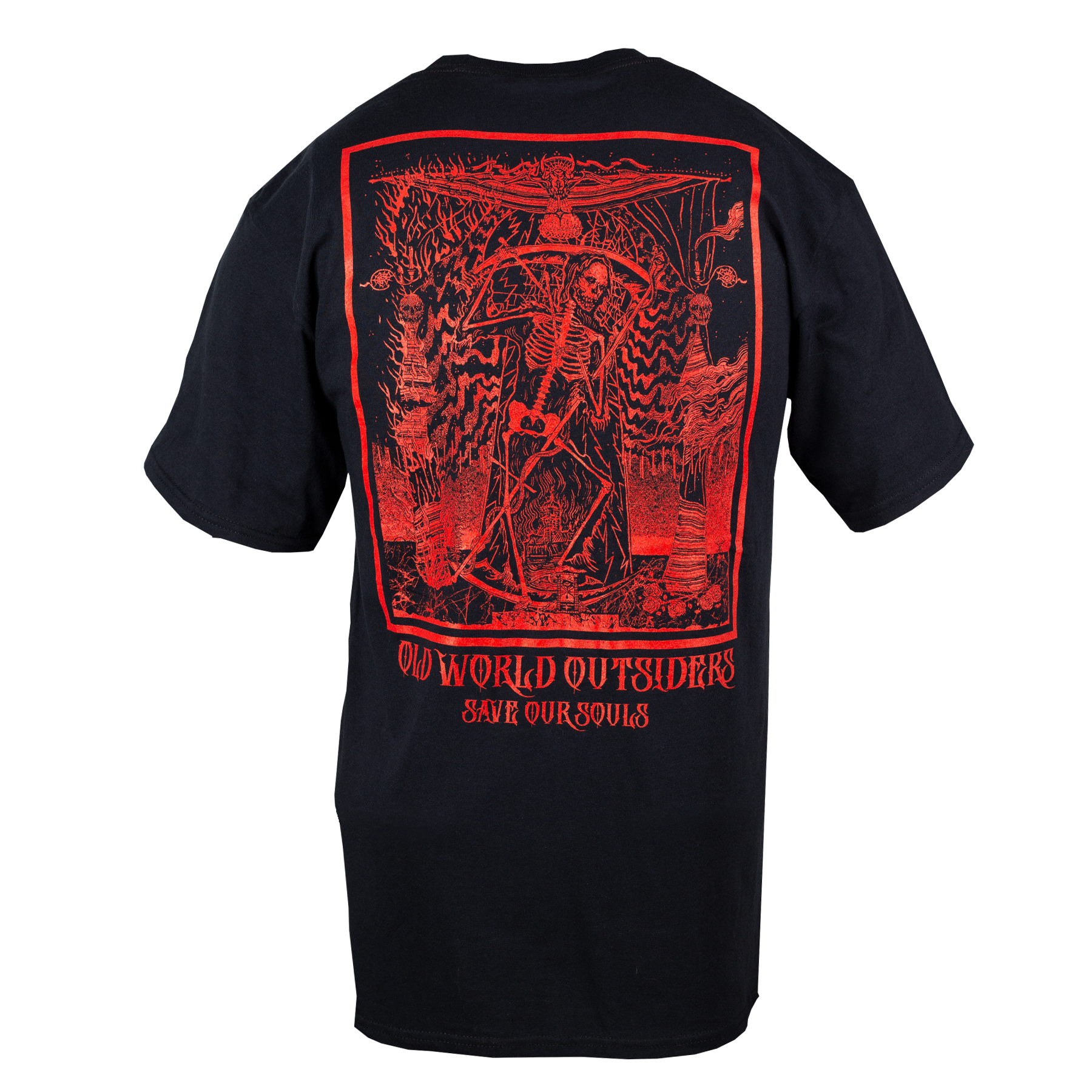 Black t-shirt with red graphic design on the back on a white background