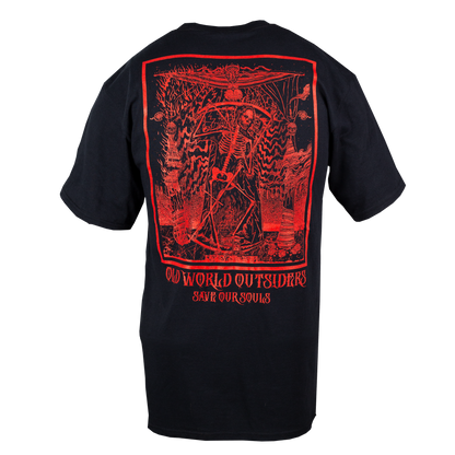 Black t-shirt with red graphic design on the back on a white background