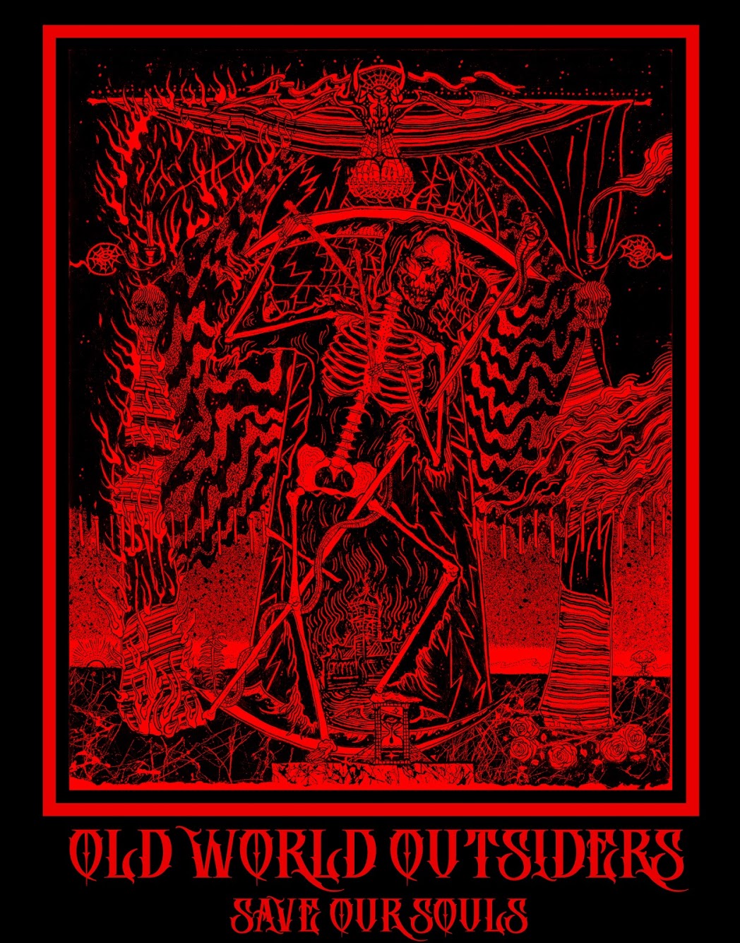 Red skeleton design with 'Old World Outsiders' text on a black background