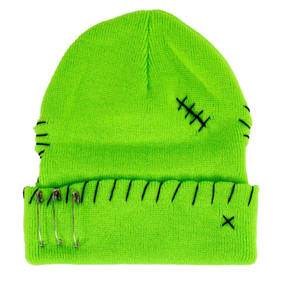 Bright green beanie with black stitching details on a white background
