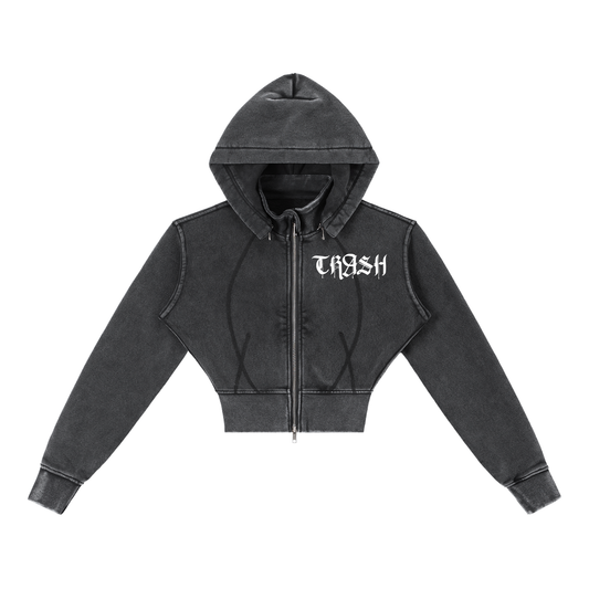 Black hoodie with 'THRESH' text on a white background