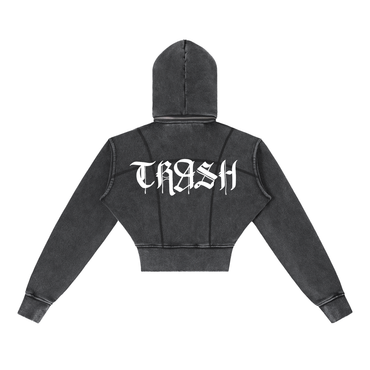 Black hoodie with 'TRASH' printed on the back against a white background