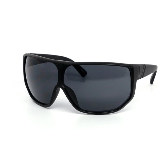 Black sunglasses with dark lenses on a white background