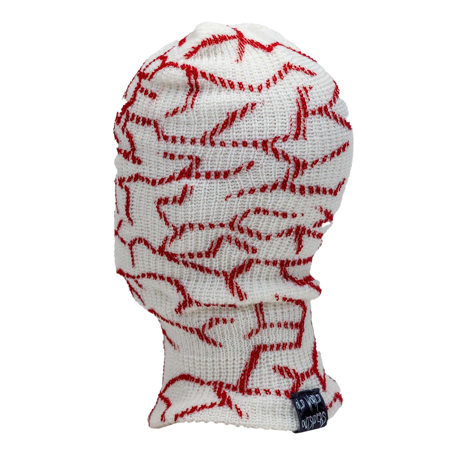 White ski balaclava with red pattern on a white background