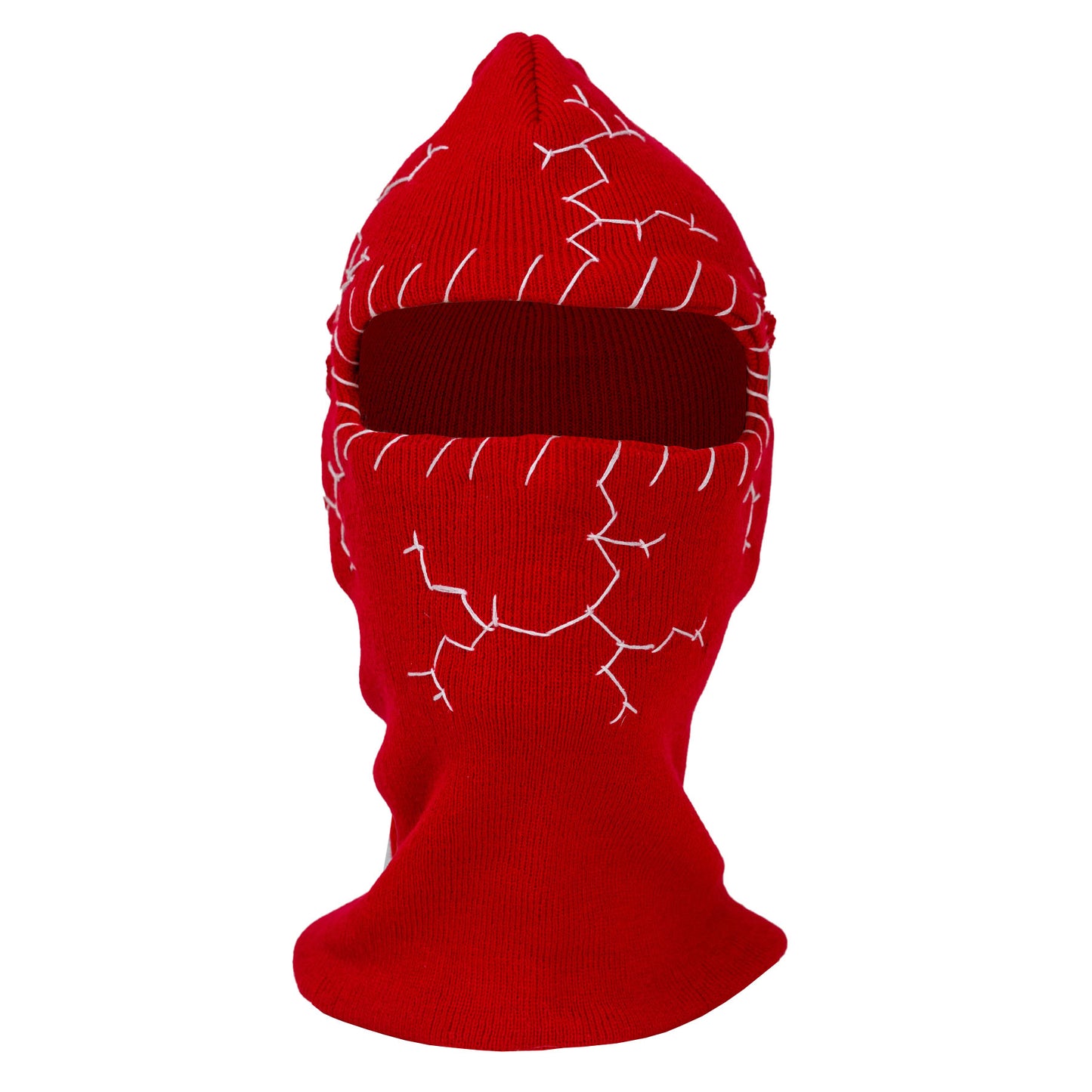 Red ski mask with white patterns on a white background