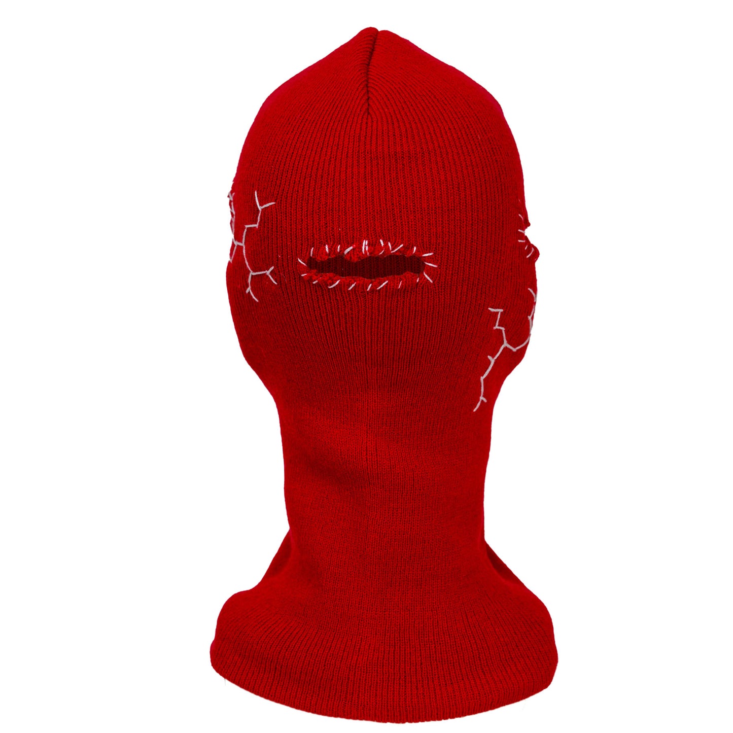 Red knit balaclava with white accents on a white background
