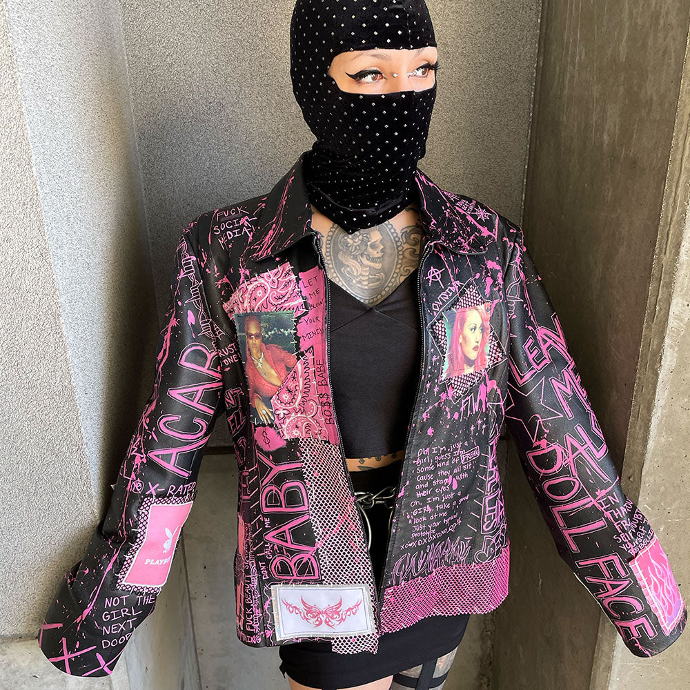 Y2K Leather Coat Womens battle jacket black and pink leather coat with punk aestheic 