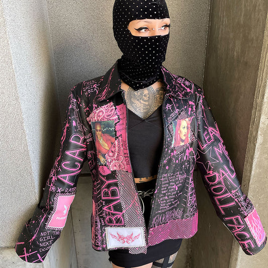 Y2K Leather Coat Womens battle jacket black and pink leather coat with punk aestheic 